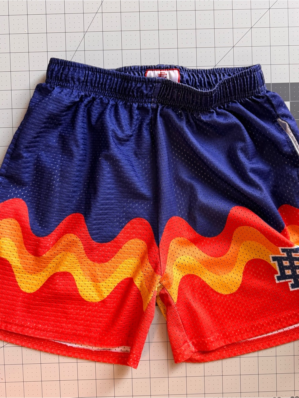 Eric Emanuel Navy Red Yellow Wave Mesh Athletic Shorts